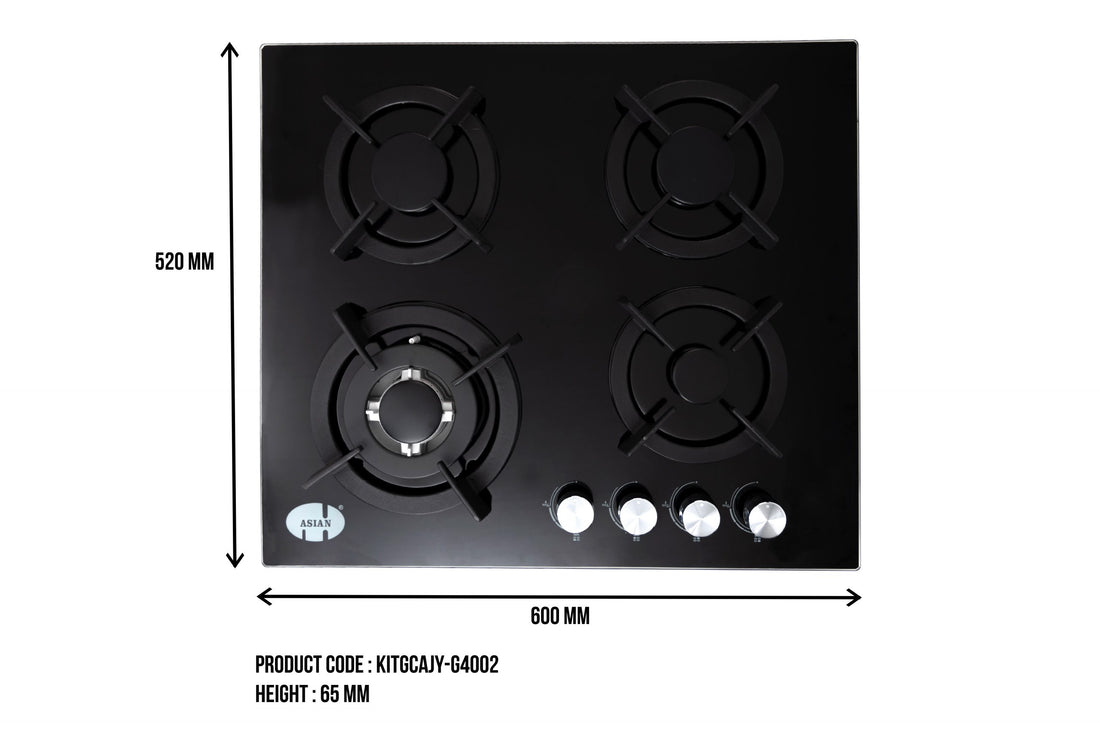 Asian 60cm 4 Burner Tempered Glass Black Gas Cooker