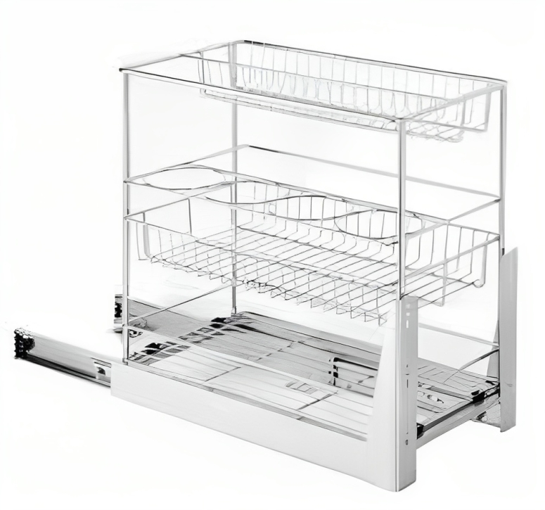 A three-layer metal pull-out drawer organizer, typically used in a kitchen pantry.