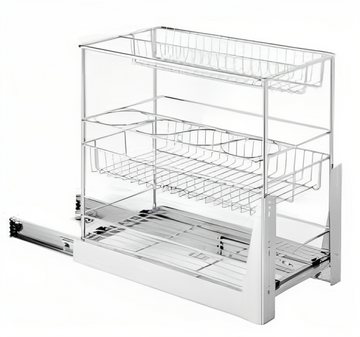 A three-layer metal pull-out drawer organizer, typically used in a kitchen pantry.