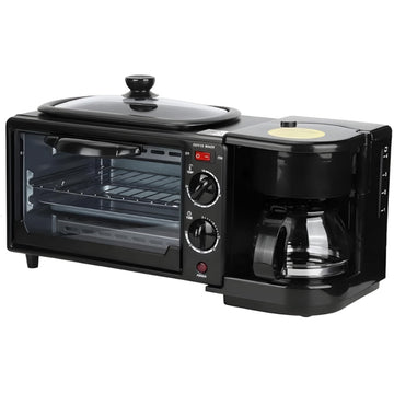 A black 3 in 1 Multi-Function Breakfast Maker appliance, featuring a coffee maker on the left, a frying pan in the middle, and a toaster oven on the right.