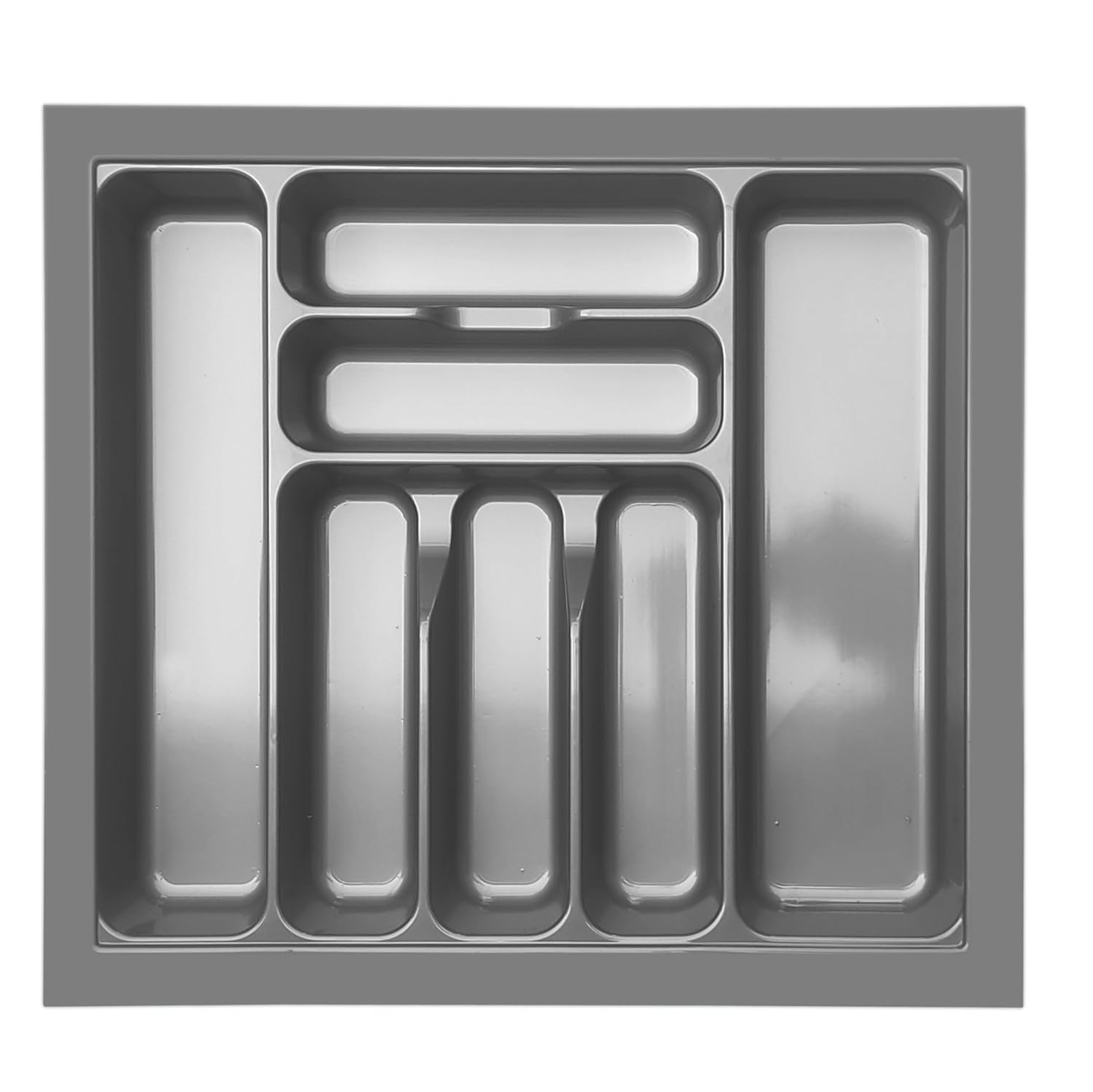 Gray metal drawer organizer with multiple compartments on a white background