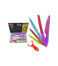 A set of 6 multicolored stainless steel kitchen knives with non-stick coating, displayed alongside their packaging.
