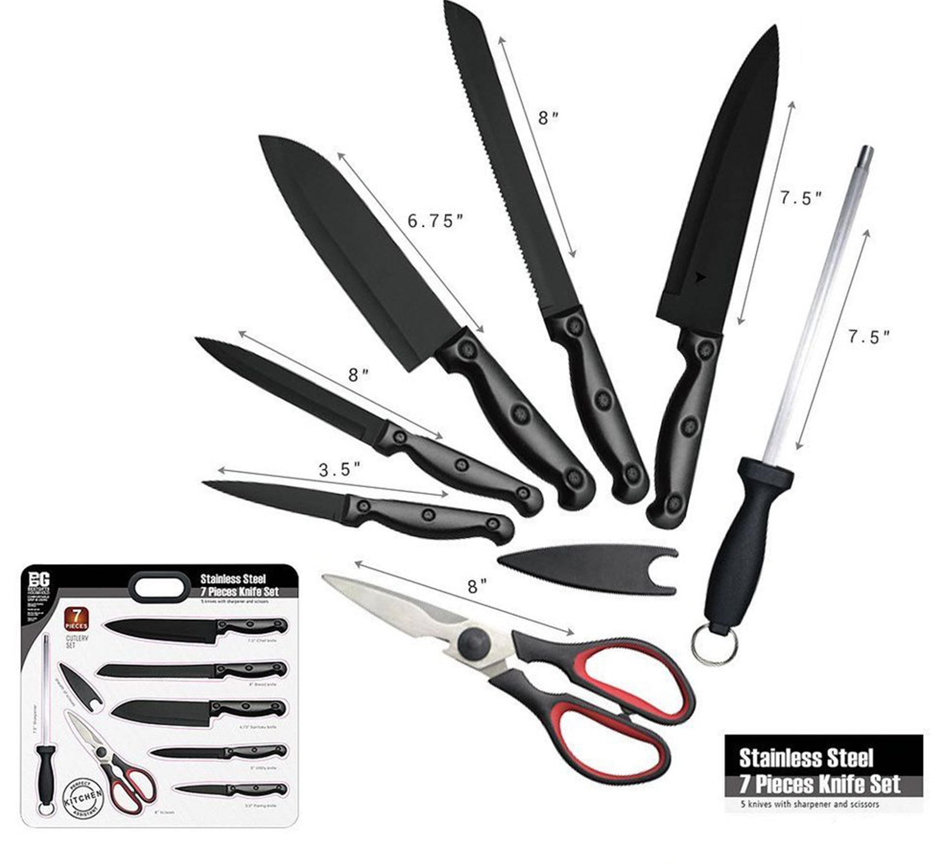 7pc Kitchen Knife Set Black 3