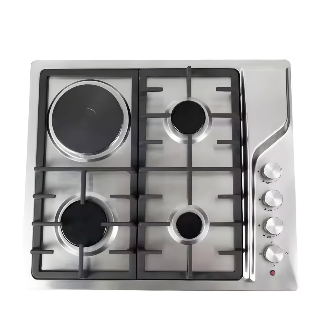 ALEV 60cm 3 Burner + Hotplate Stainless Steel Gas Cooker, silver in color with a hybrid gas and electric cooking system, featuring cast iron pot holders.