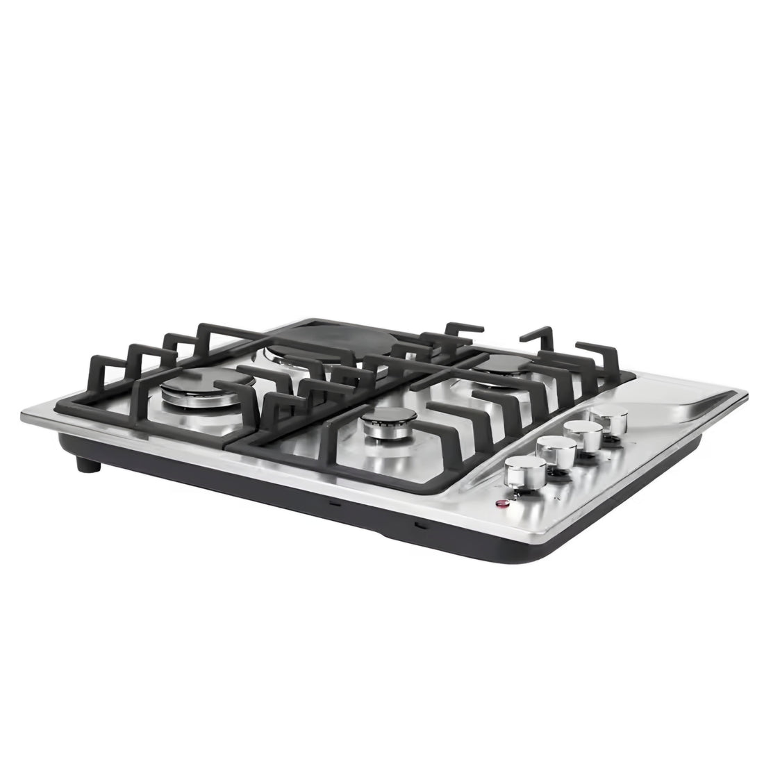 ALEV 60cm 3 Burner + Hotplate Stainless Steel Gas Cooker, silver in color with a hybrid gas and electric cooking system, featuring cast iron pot holders.