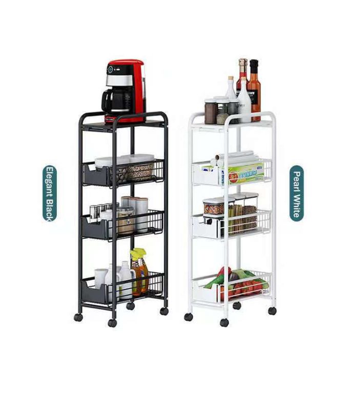 A 4-tier rolling storage trolley in pearl white color, with open wire baskets, equipped with swivel caster wheels. The trolley is shown in two different configurations, with the first setup displaying kitchen items and the second setup displaying office supplies.