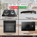 Kitchen appliance bundle with hob, hood, oven, and microwave on a promotional poster.