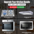 Kitchen appliance bundle with gas hob, cooker hood, electric oven, and microwave on a promotional background.