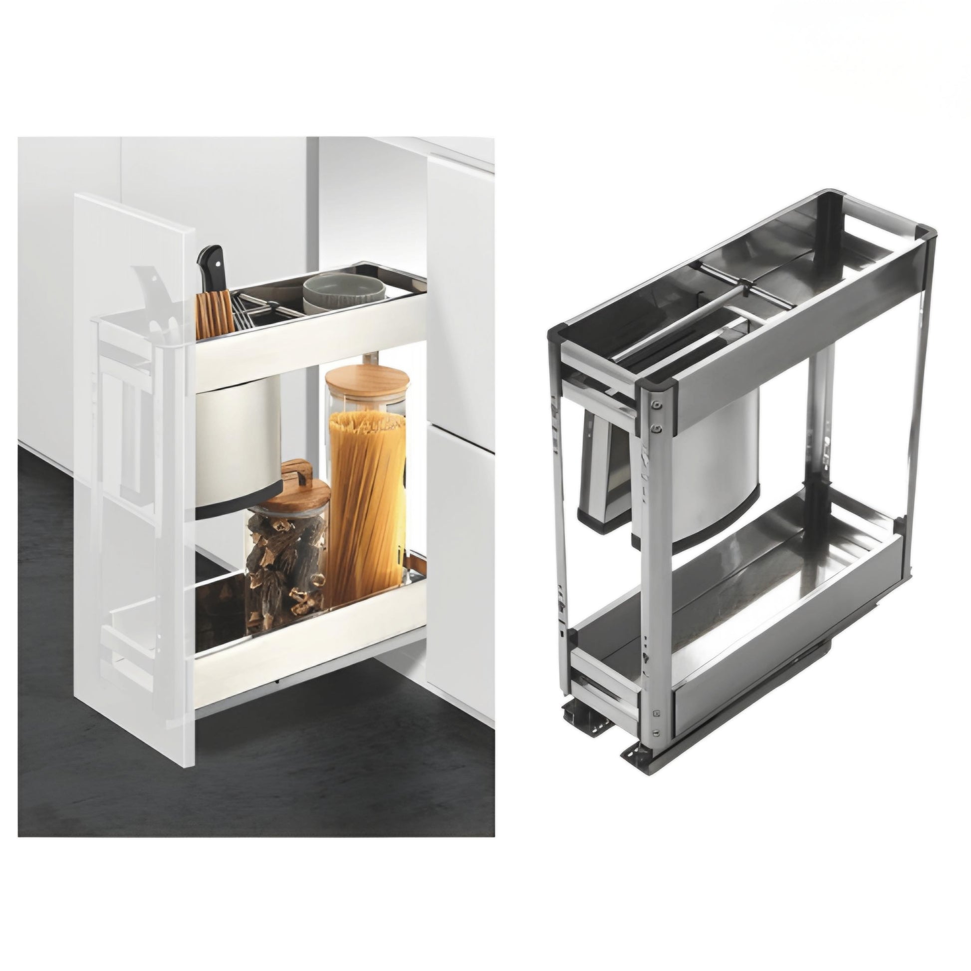 A pullout seasoning drawer made of stainless steel, shown extended and retracted, containing spices and kitchen tools.