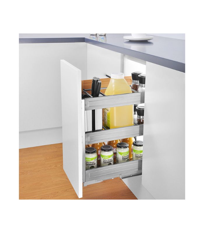 A stainless steel multifunctional pullout seasoning drawer installed in a kitchen cabinet, containing spices, condiments, and kitchen utensils.