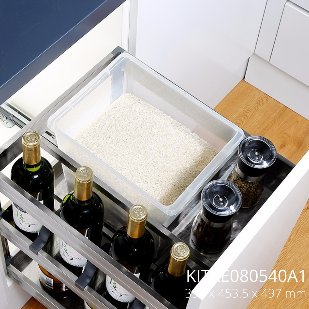 A stainless steel multi-purpose kitchen drawer basket organizer with dedicated sections for bottles and seasoning jars, installed in a drawer.