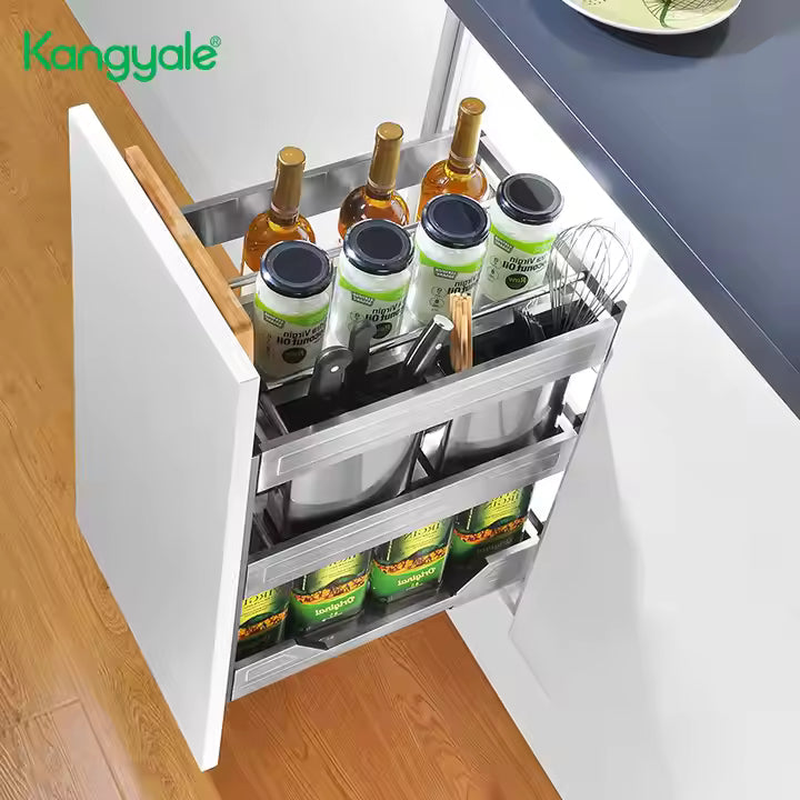Kitchen cabinet with a pull-out organizer containing bottles and jars, branded 'Kangyale'.