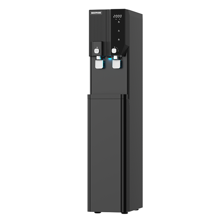 Black water dispenser with digital display on a white background