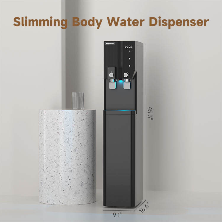 Black water dispenser with digital display on a white background