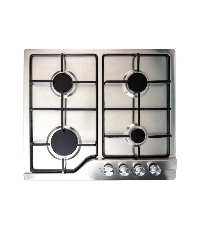 A stainless steel Arston 60cm 4 burner gas cooker with battery ignition, featuring a standard size 60 x 50 cm.