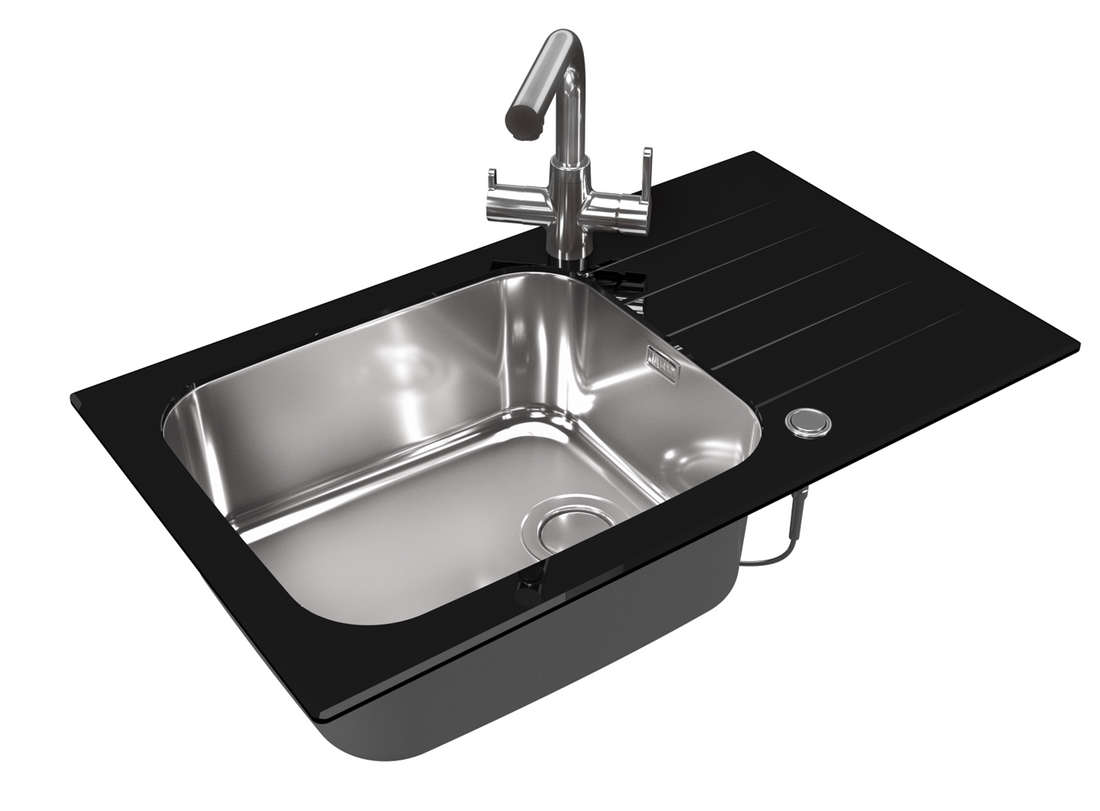 Artone single bowl tempered glass kitchen sink with black glass surround, stainless steel bowl, and overflow protection.