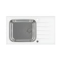 Artone single bowl tempered glass kitchen sink with stainless steel basin and white glass surround.