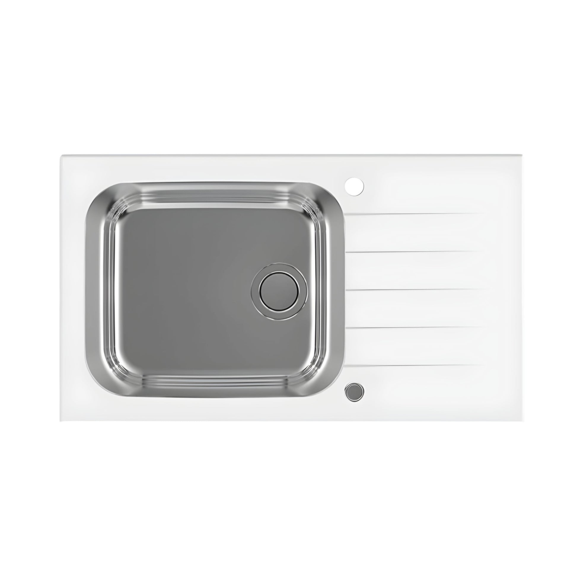 Artone single bowl tempered glass kitchen sink with stainless steel basin and white glass surround.