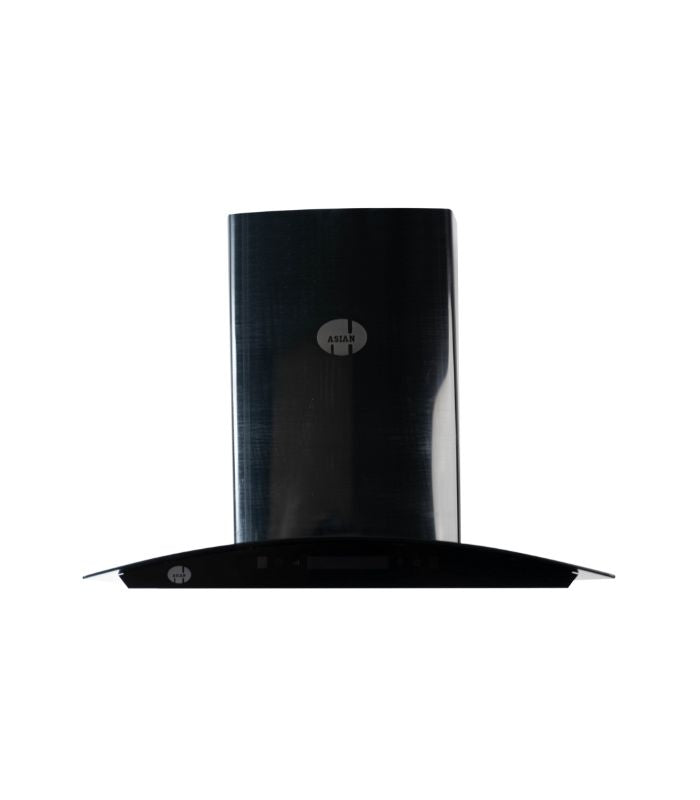 A black glass range hood for kitchens, featuring a sleek design with a fan on the left side and a digital display on the right.