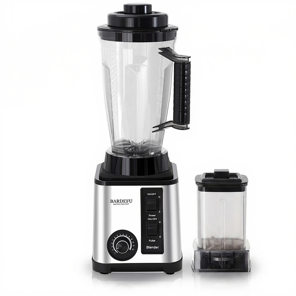 Blender with clear container and black accents on a white background
