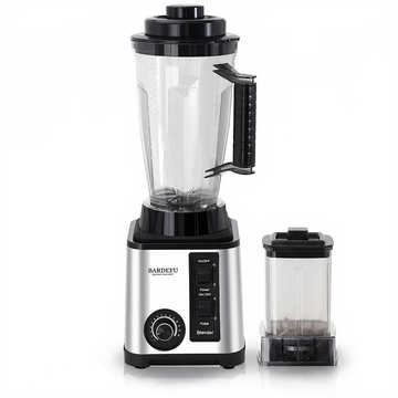 Blender with clear container and black accents on a white background