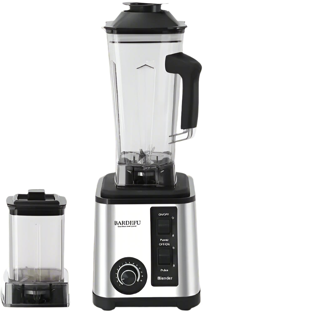 Blender with a clear container and black accents on a white background