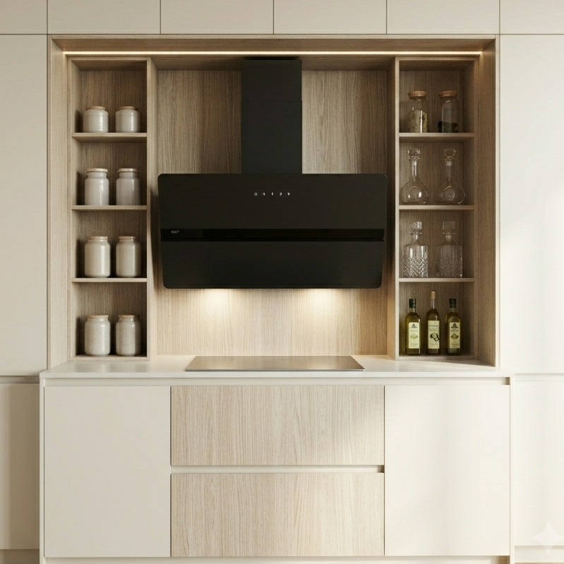 Modern kitchen with light wood cabinets and black range hood