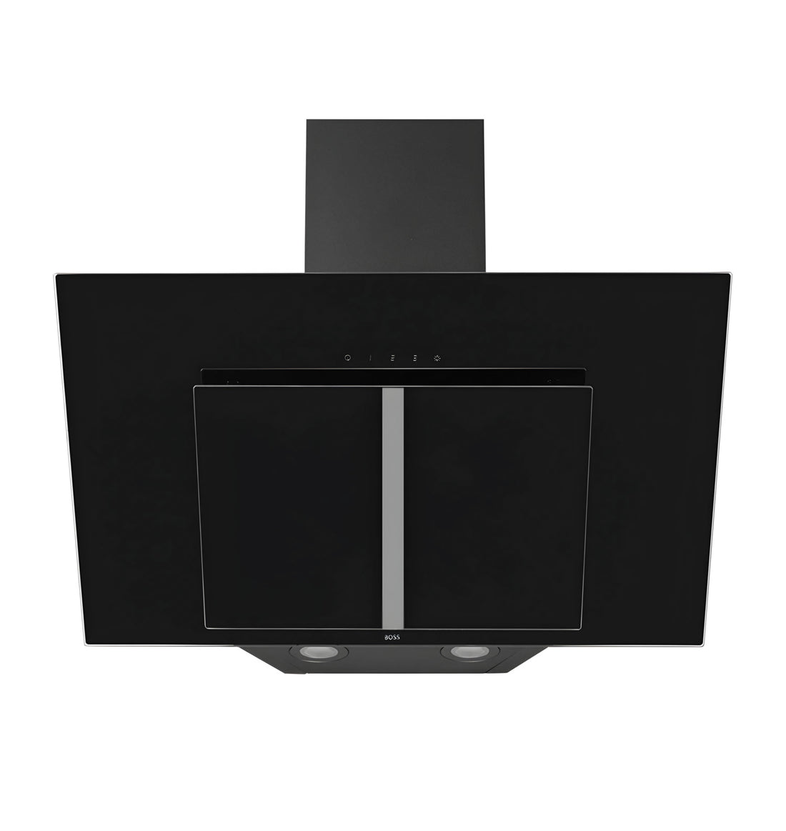 A black glass range hood for kitchens with a modern design, featuring touch and motion control.