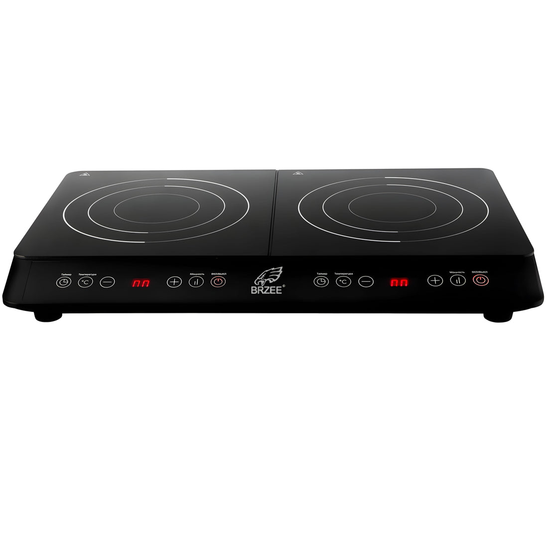 A black Brzee 2 burner induction hob with touch control panel displayed on a white background.
