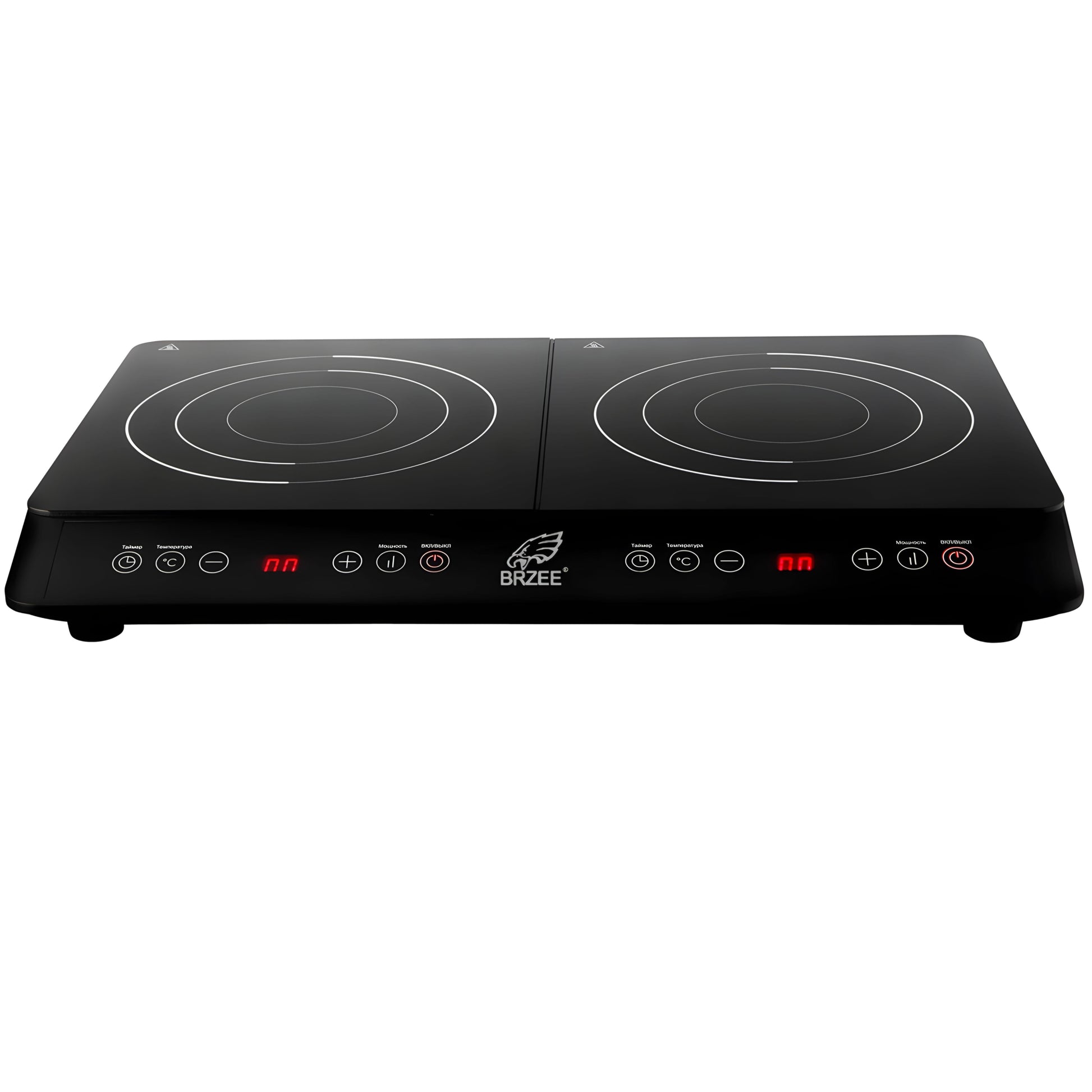 A black Brzee 2 burner induction hob with touch control panel displayed on a white background.