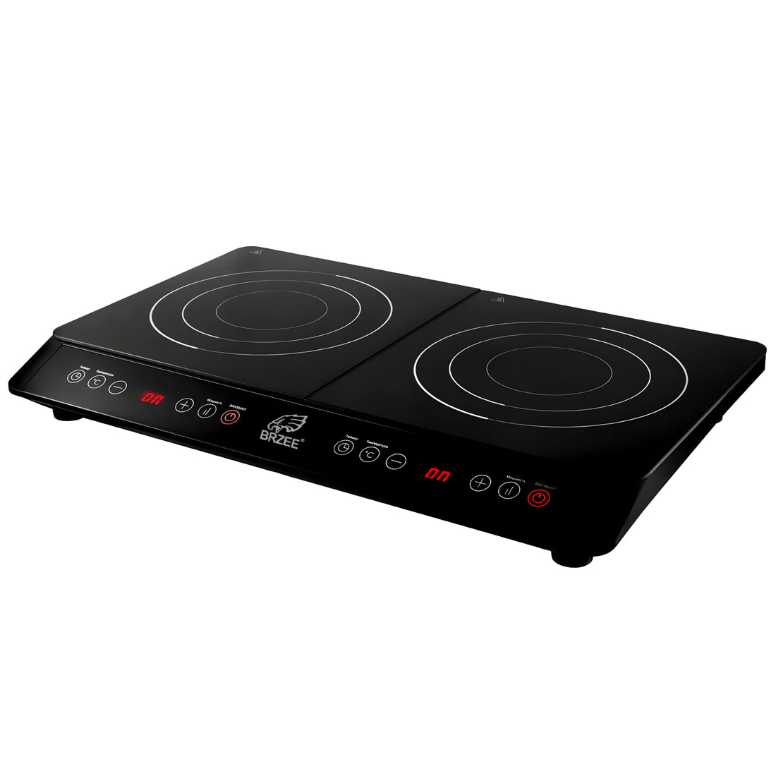 A black Brzee 2 burner induction hob with touch control panel displayed on a white background.