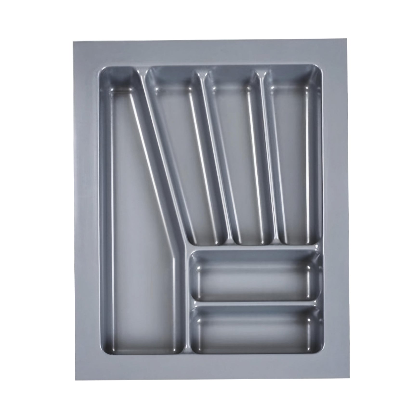 A grey custom fit cutlery tray with several compartments, designed to fit in a 400mm wide drawer.