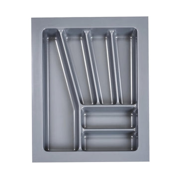 A grey custom fit cutlery tray with several compartments, designed to fit in a 400mm wide drawer.