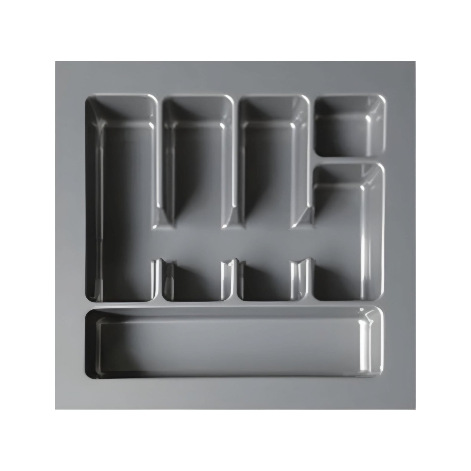 A modern grey custom fit cutlery tray made of eco-friendly plastic, featuring organized compartments for utensils.