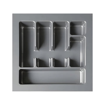 A modern grey custom fit cutlery tray made of eco-friendly plastic, featuring organized compartments for utensils.