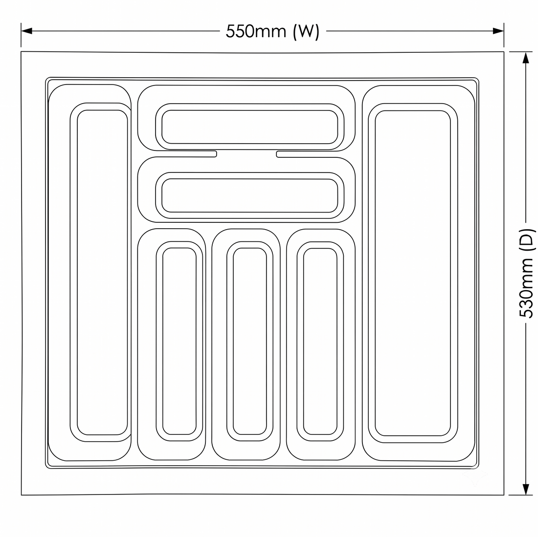 Gray metal drawer organizer with multiple compartments on a white background