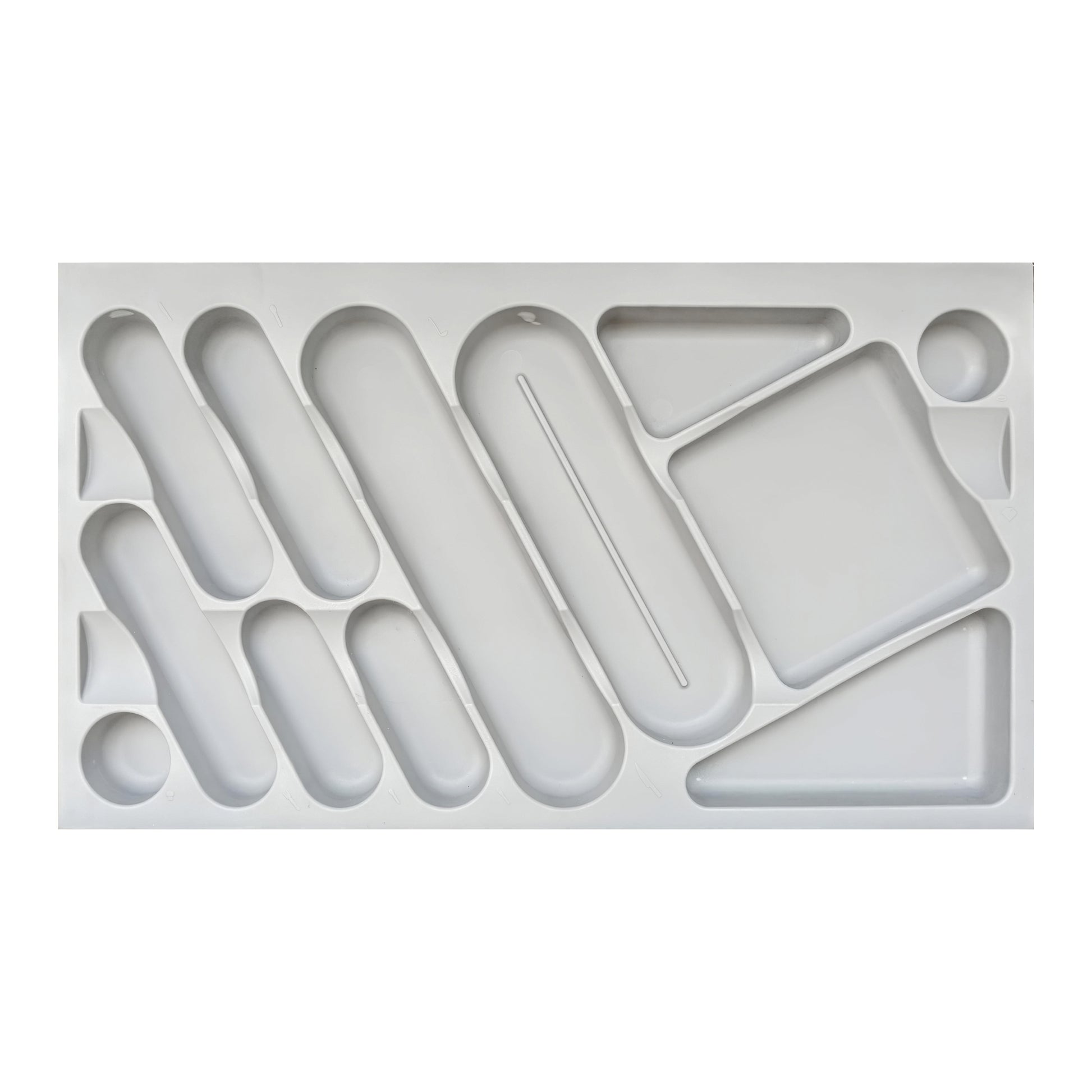 A custom fit cutlery tray in grey color with various compartments for organizing utensils.