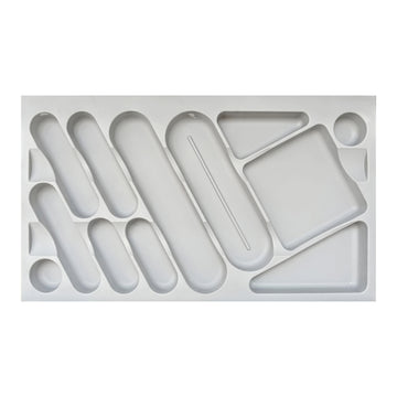 A custom fit cutlery tray in grey color with various compartments for organizing utensils.