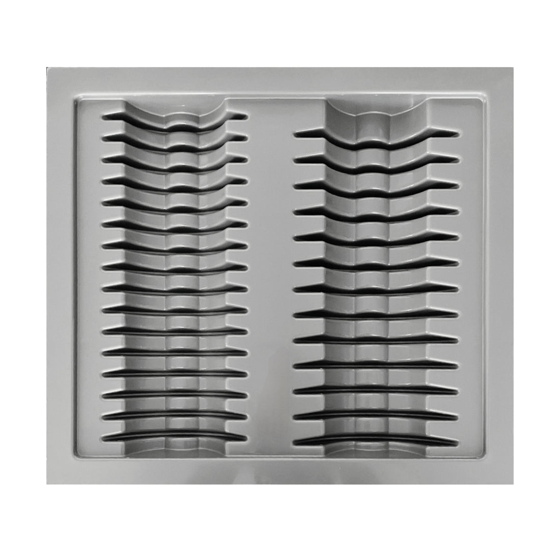 A grey plastic cutlery tray with multiple compartments, designed to store various kitchen utensils.