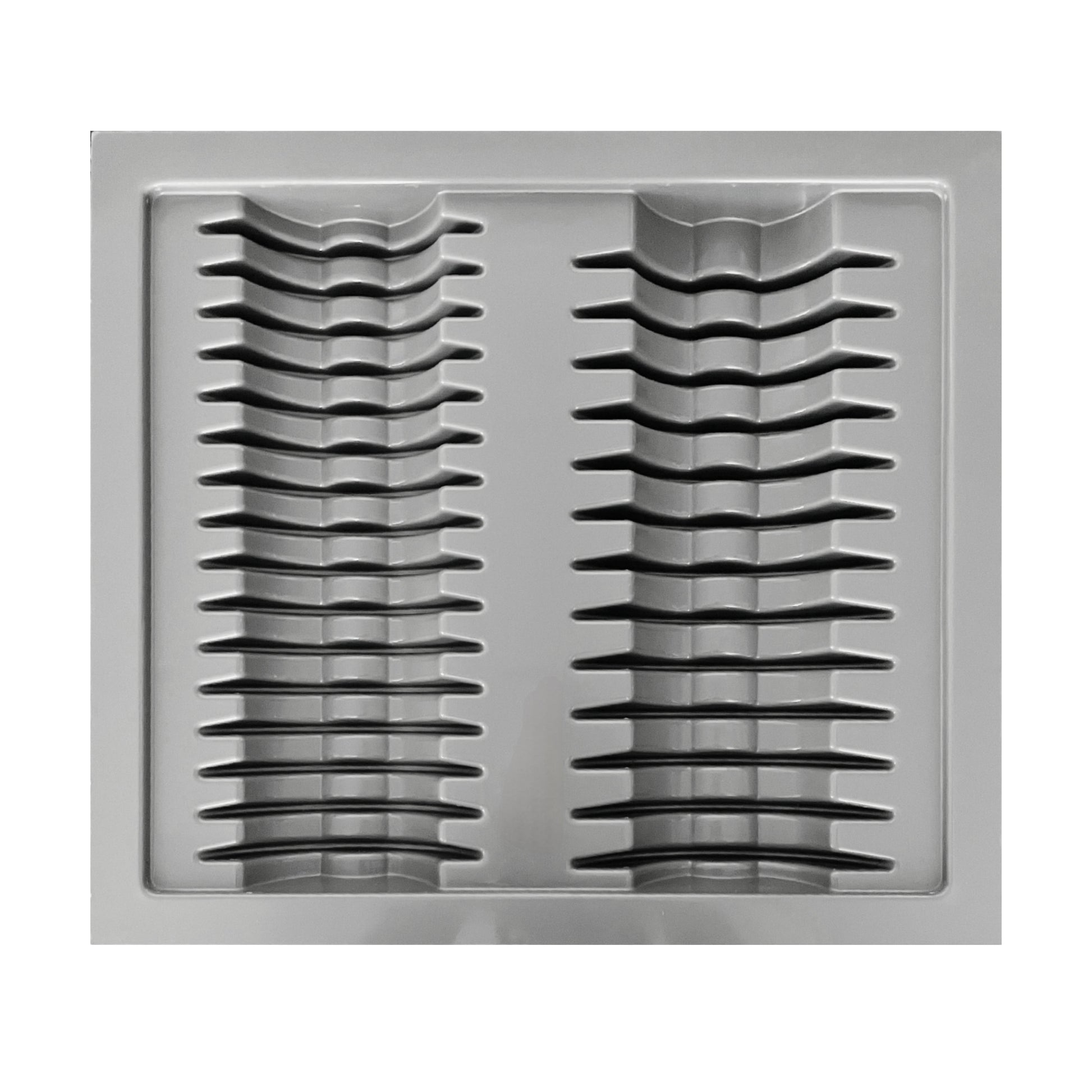 A grey plastic cutlery tray with multiple compartments, designed to store various kitchen utensils.
