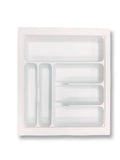 A white plastic cutlery tray with multiple compartments, designed to fit in a standard kitchen drawer.