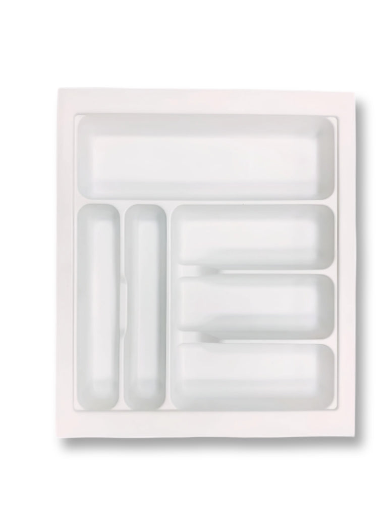 A white plastic cutlery tray with multiple compartments, designed to fit in a standard kitchen drawer.