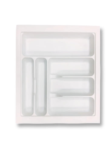 A white plastic cutlery tray with multiple compartments, designed to fit in a standard kitchen drawer.