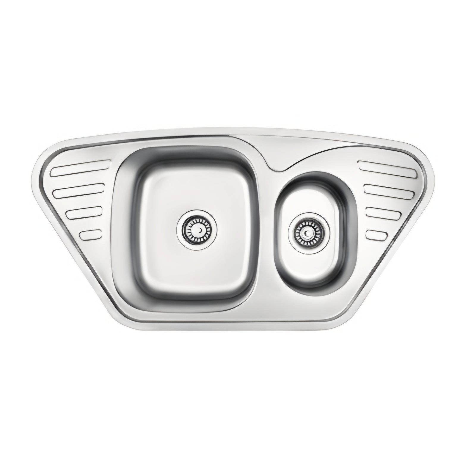 A double bowl square sink made of stainless steel with a smooth finish.