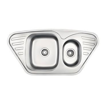 A double bowl square sink made of stainless steel with a smooth finish.