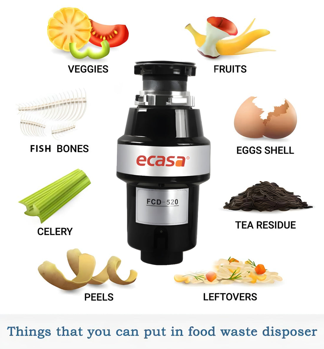 ECASA Food Waste Disposer FCD-520, primarily black in color with a visible brand label on the side.