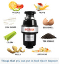 Food waste disposer with categories of items it can handle on a white background