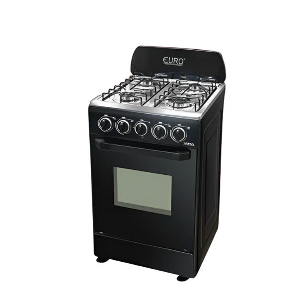A free standing black EURO gas cooker with oven, featuring four burners on top and a viewing window on the oven door.