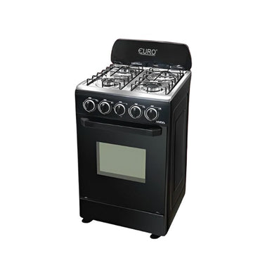 A free standing black EURO gas cooker with oven, featuring four burners on top and a viewing window on the oven door.