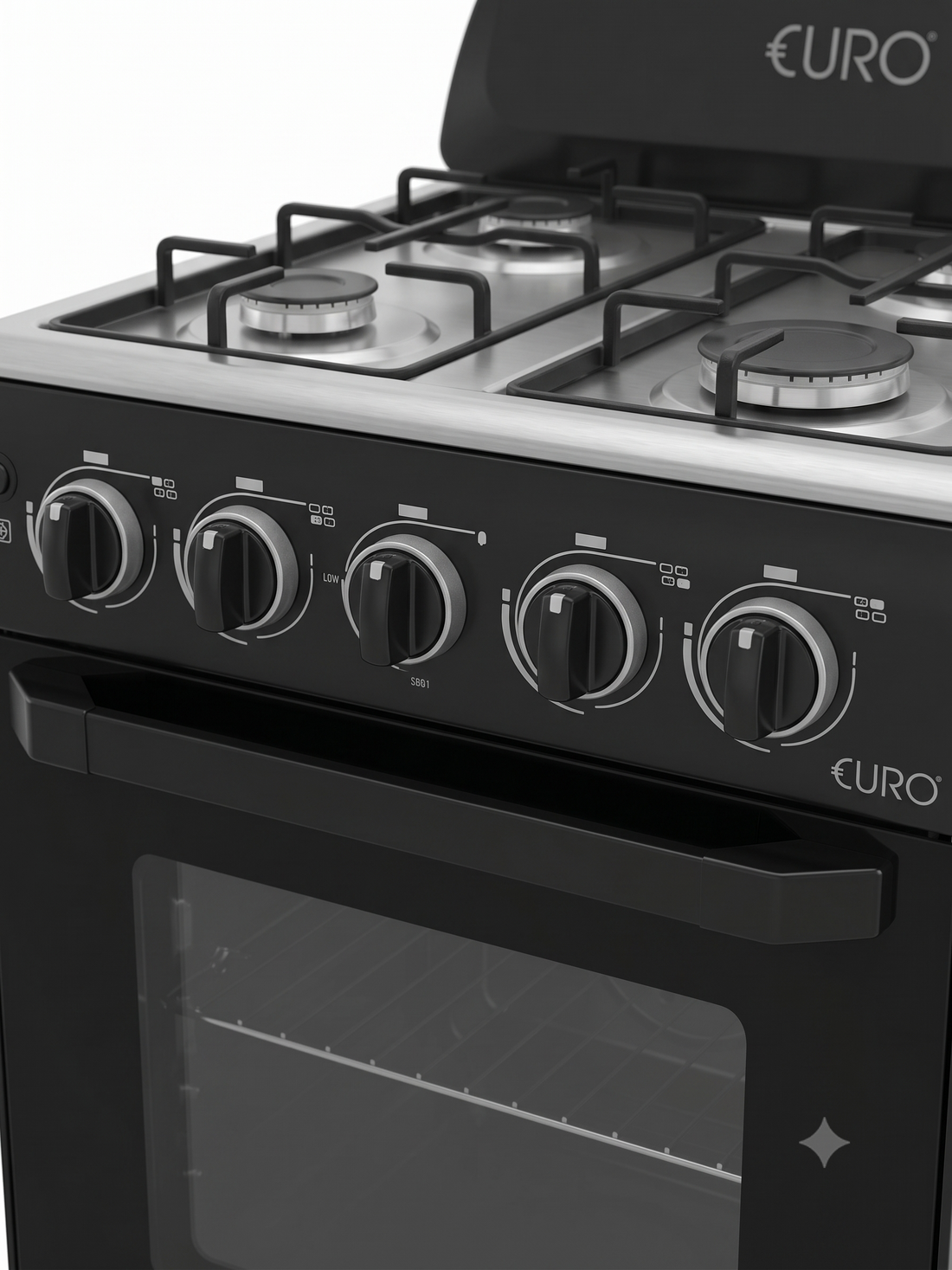 Black gas stove with oven on a white background, featuring the brand 'Euro'.